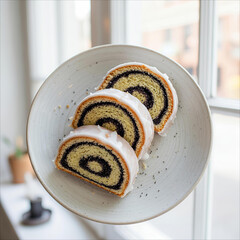 Three slices of sweet poppy seed roll cake on a plate
