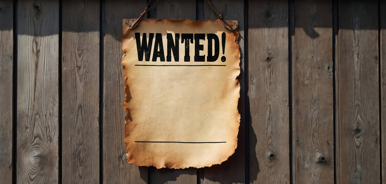 Torn wanted poster hangs on weathered wooden wall. Old west background for outlaw, fugitive, or historical content. Crime reward notice for your design.