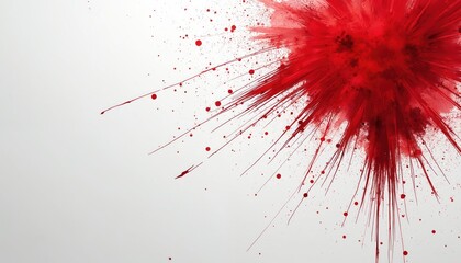 Red paint splatter on white background. Red ink explosion with splashes and lines. Grunge abstract texture with crimson color. Messy artistic design element. Burgundy brush stroke pattern.