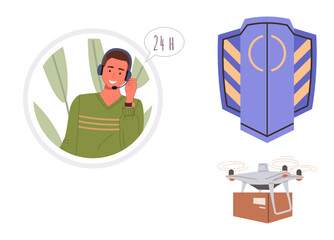 Headset operator symbolizing customer service, a secure delivery quadcopter carrying a package, and a shield ensuring safety. Ideal for logistics, security, customer support, e-commerce, innovation