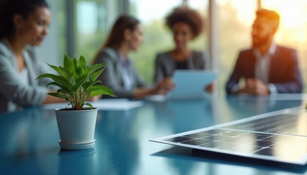 Diverse business team meets in bright modern office. Green potted plant, solar panel sit on blue table. Professionals discuss sustainable energy solutions eco project planning renewable power