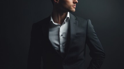 Stylish man in a tailored suit poses confidently in a dark studio setting during a fashion photoshoot for formal attire