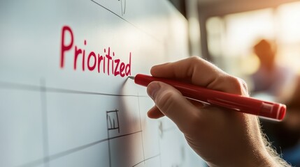 Closeup of a hand writing the word prioritized in red marker on a whiteboard, signifying importance and focus