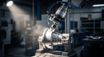 Robotic arm precisely working on a metal component in a factory setting, illuminated by a spotlight, showcasing automation and precision manufacturing.