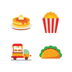 Fast food vector set with pancake, popcorn, taco, and food truck