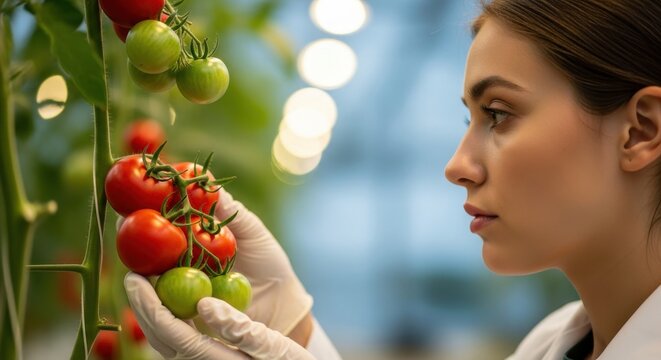 Woman inspecting ripe and unripe tomatoes in a greenhouse during the afternoon