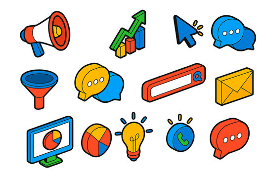 Digital Marketing Icons. Isometric vector illustration set Digital Marketing and Communication: megaphone, growth chart, mouse