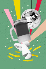 Trend artwork composite banner 3D photo collage of woman legs beer glass beverage discoball entertainment weekend carefree event night