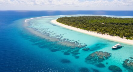 Aerial view of tropical island with turquoise waters, palm trees, white sand beach, sunny sky, travel paradise atmosphere