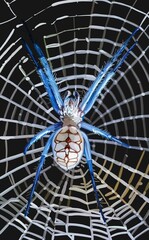 Digital illustration of a blue spider on a web against a dark background. Detailed image with realistic reflections and textures creates a mysterious, Halloween-inspired atmosphere. Perfect for design