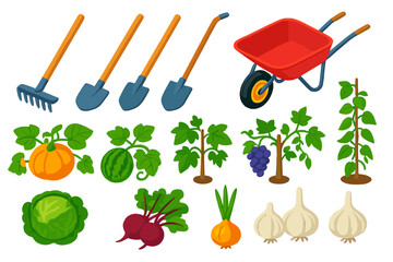 Garden Tools and Plants. Isometric vector illustration set featuring tools and plants: rake, hoe, shovel, wheelbarrow, pumpkin