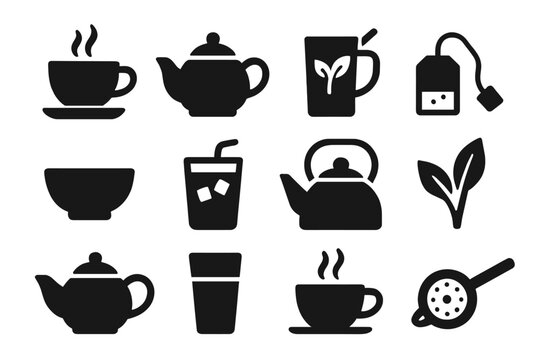 Tea Icon Collection. Solid style icons of Tea: teacup, teapot, herbal tea glass, tea bag, matcha bowl, iced tea cup, kettle, tea