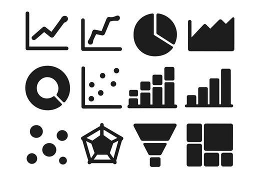Solid Chart Icons. Solid style icons of Charts: bar chart, line graph, pie chart, area chart, donut chart, scatter plot, stacked