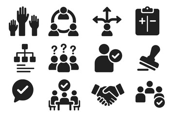 Group Decision Icons. Solid style icons of group decision making: voting hands, consensus circle, choice arrows, pros and cons