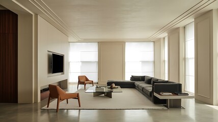 Modern luxury living room with sleek furniture and abundant natural light