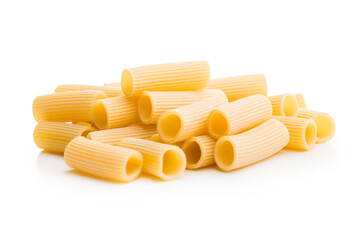 Uncooked rigatoni pasta isolated on white background.