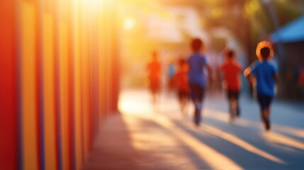 Kids playing and running in the warm evening sun at a colorful park