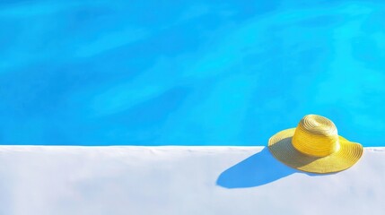 Bright yellow hat resting by a sparkling blue pool on a sunny day