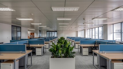 Spacious modern office interior with rows of empty desks and large windows letting in natural light