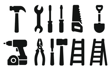 Obraz premium Construction Tools Icons. Solid style icons of Construction tools: hammer, wrench, screwdriver, saw, drill, pliers, chisel, shovel