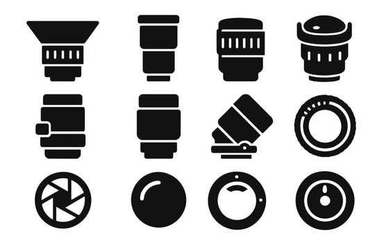Camera Lens Icons. Solid style icons of camera lenses: wide angle lens, telephoto lens, macro lens, fisheye lens, zoom lens, prime