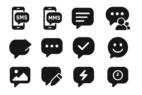 Messaging Icons Set. Solid style icons of phone messaging: SMS icon, MMS icon, text bubble with lines, group message, message