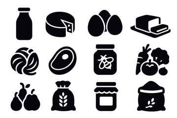 Farm Produce Icons. Solid style icons of Farm produce: milk bottle, cheese wheel, eggs, butter, wool, meat cut, honey jar,