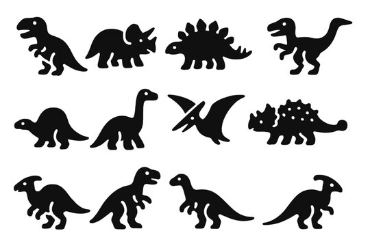 Prehistoric Dinosaur Icons. Solid style icons of Dinosaurs and prehistoric reptiles: T-Rex, Triceratops, Stegosaurus, Velociraptor