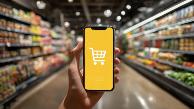 Person holding smartphone displaying a shopping cart icon while surrounded by grocery products in a store aisle