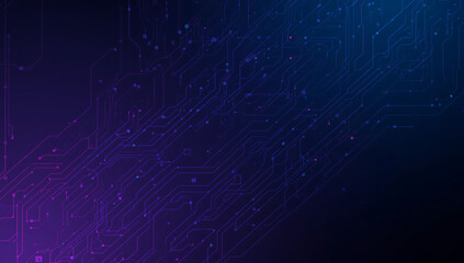 Dark blue and purple digital circuit board with glowing nodes and connections abstract technology