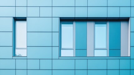 Architectural detail of a modern building facade with blue panels and windows in daylight