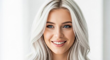 Naklejka premium Young woman with long silver hair and bright blue eyes smiling in a well-lit indoor space during daylight