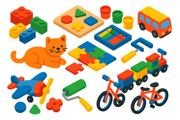 Naklejka premium Creative Kids Playset. Isometric vector illustration set Creative Kids and Play: lego-style bricks, wooden puzzle, paint jars, toy