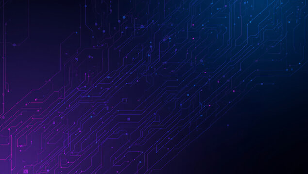 Dark blue and purple digital circuit board with glowing nodes and connections abstract technology