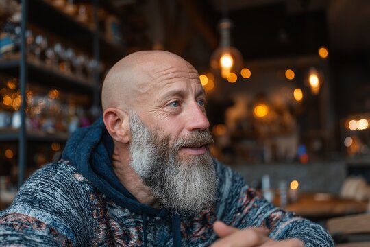 A bald middle-aged man with a beard talking passionately during an interview or conversation. A man is sitting at a table in a cozy and stylish restaurant. 