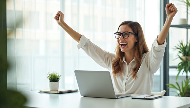 Happy young woman sits at modern office desk with open laptop. Celebrates successful work achievement, raising arms with joy, laughing loudly. Female employee feels excited, achieved business goals,