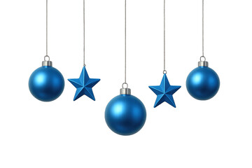 Blue christmas ornaments and stars hanging transparent background