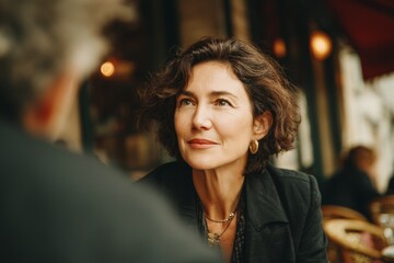 Obraz premium a middle-aged woman with short dark hair, wearing black suite, talking passionately during an interview or conversation. A woman is sitting at a table in a cafe. 