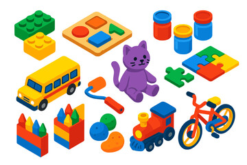 Fototapeta premium Creative Kids Playset. Isometric vector illustration set Creative Kids and Play: lego-style bricks, wooden puzzle, paint jars, toy