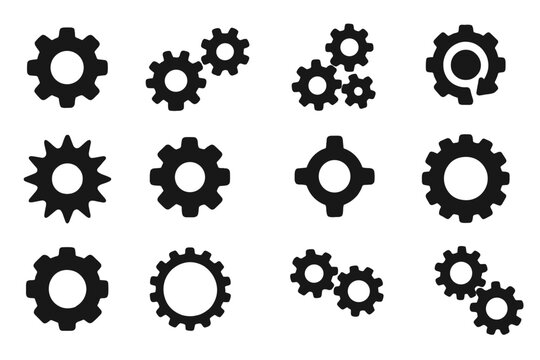 Gears Icon Set. Solid style icons of Gears: single gear, double gears, triple gears, rotating cog, spiked gear, smooth gear, mini