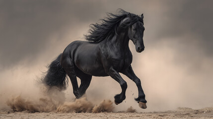 Majestic Black Stallion Galloping with Power in the Dust