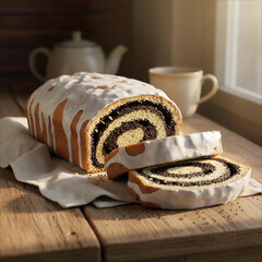 Deliciously frosted poppy seed roll cake with tea