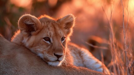 Adorable Lion Cub Resting in Golden Sunset Light