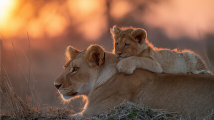 Lioness and Cub Cuddling at Sunset