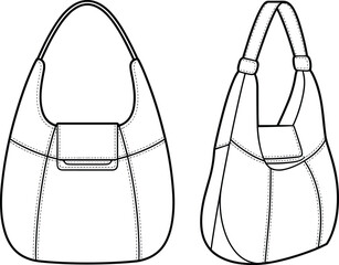 CAD drawing flat vector illustration of hobo bag, fashion handbag design, technical sewing template, leather purse fashion accessory sketch