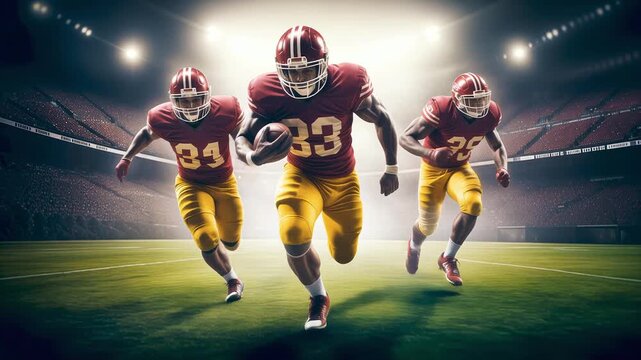 American football players running for touchdown on stadium field