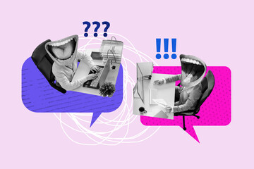 Creative poster banner 3d collage photo of anonym headless guys mouth smile mocking laugh cyberbully bubble pc monitor hater