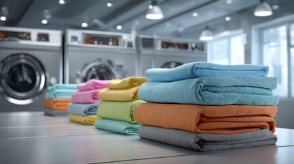 Brightly colored towels are neatly arranged on a table in a clean laundromat with washing machines in the background