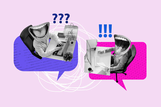 Creative poster banner 3d collage photo of anonym headless guys mouth smile mocking laugh cyberbully bubble pc monitor hater