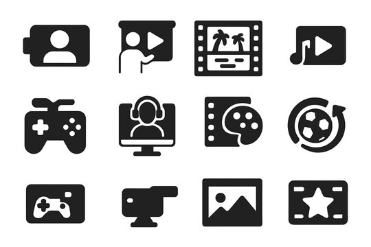Video Content Icons. Solid style icons of video content categories: vlog icon, tutorial clip, movie scene, music video, game